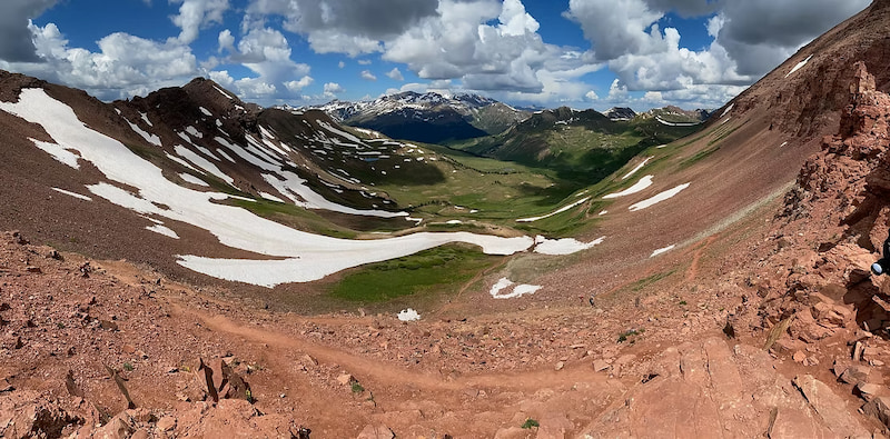 View of the Western Maroon Valley on the four pass loop backpacking trip in Maroon Bells, Colorado