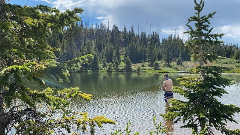 Trout fishing in the lake in the wild
