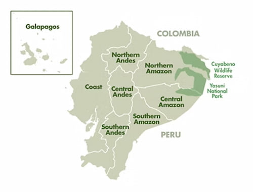 Map of Ecuador and Cuyabeno Reserve in eastern amazon region