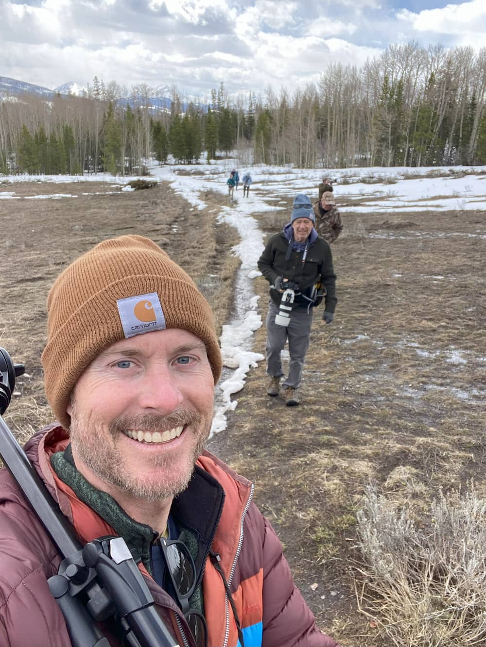 On the trail Birding Man leading a group of birders in Colorado