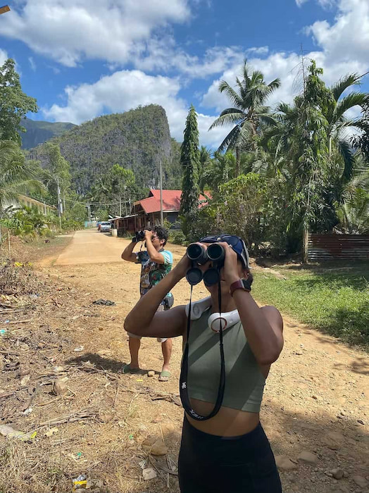Searching for birds with binoculars in Palawan Philippines