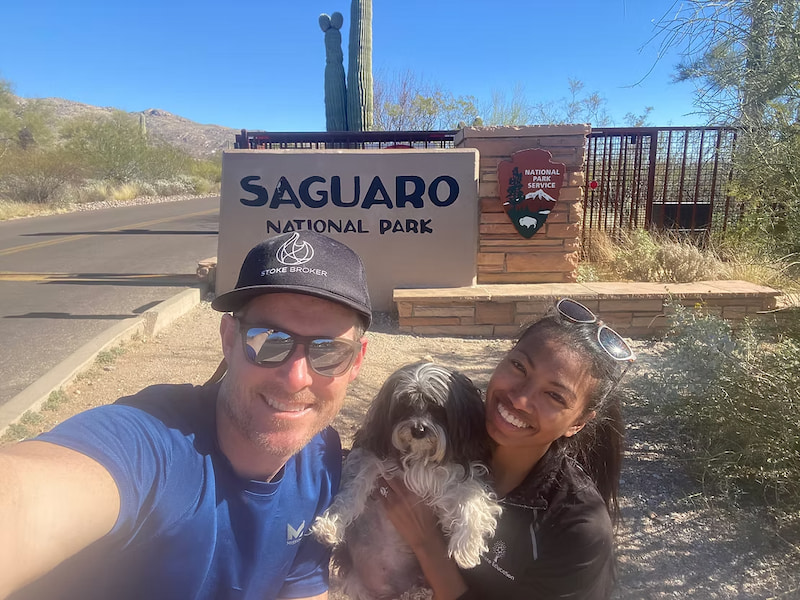Saguaro National Park entrance sign in Sonora desert