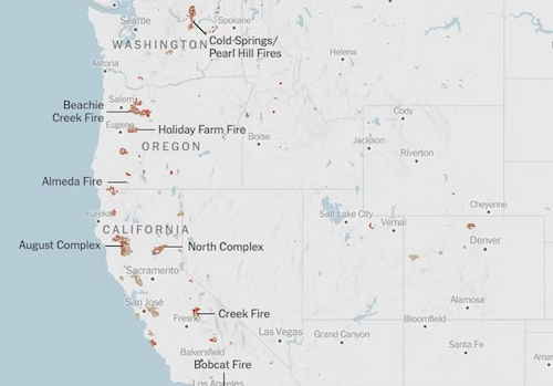 Map of wildfires across the western US in 2020