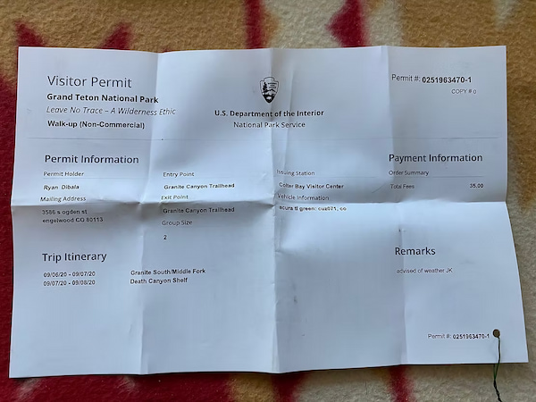 Camping permit for the national park