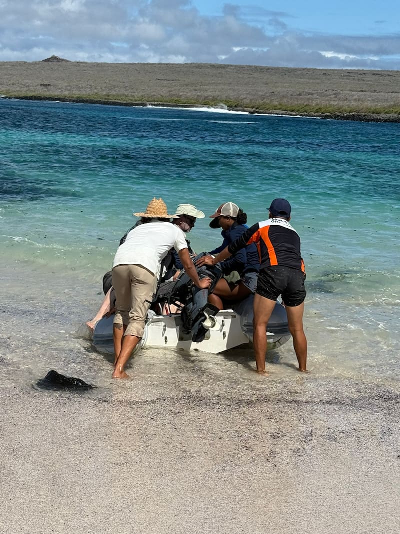 Getting on a zodiac in the Galapagos Islands